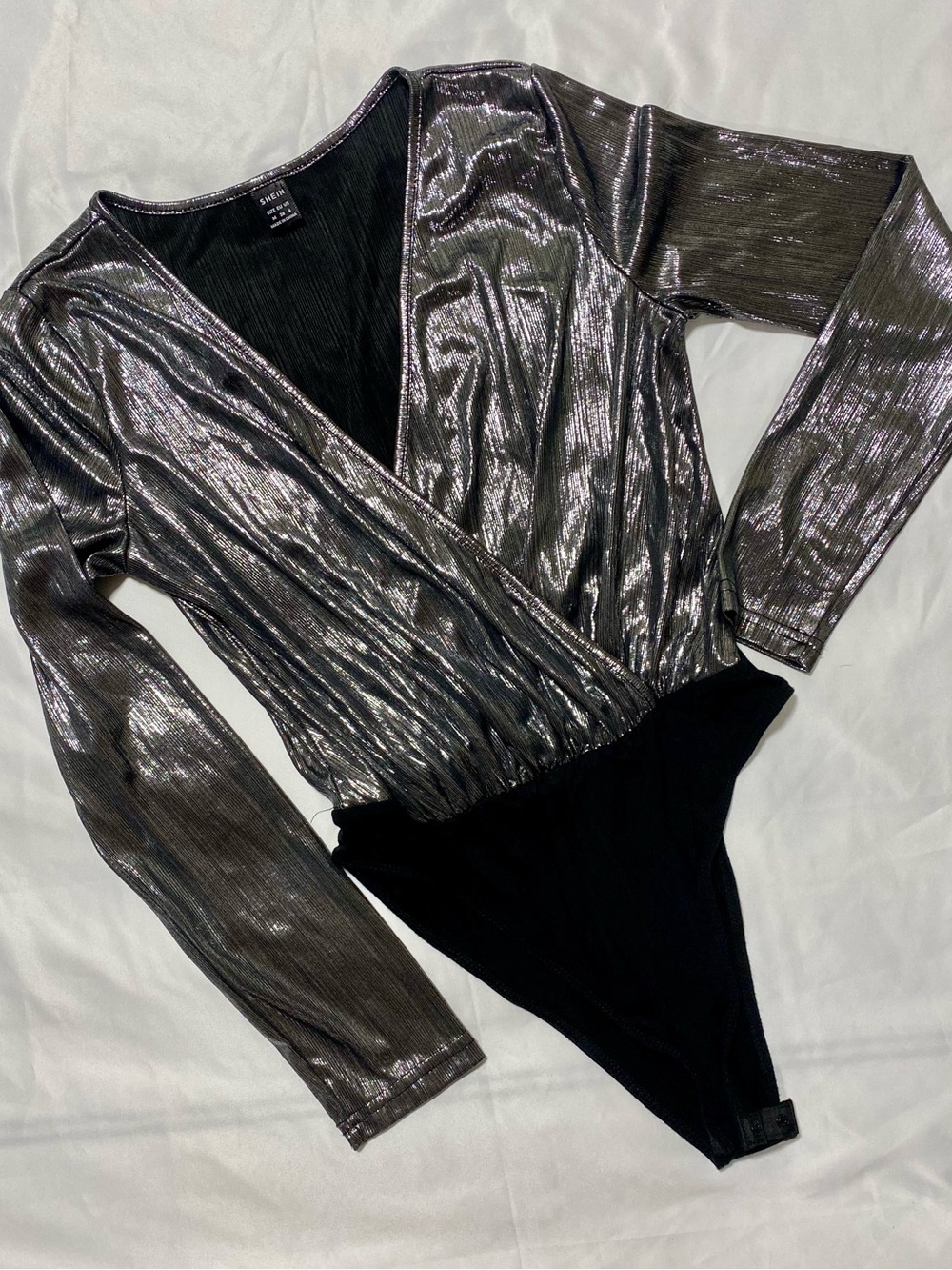 SHEIN Metallic Silver Wrap-Front Long Sleeve Bodysuit